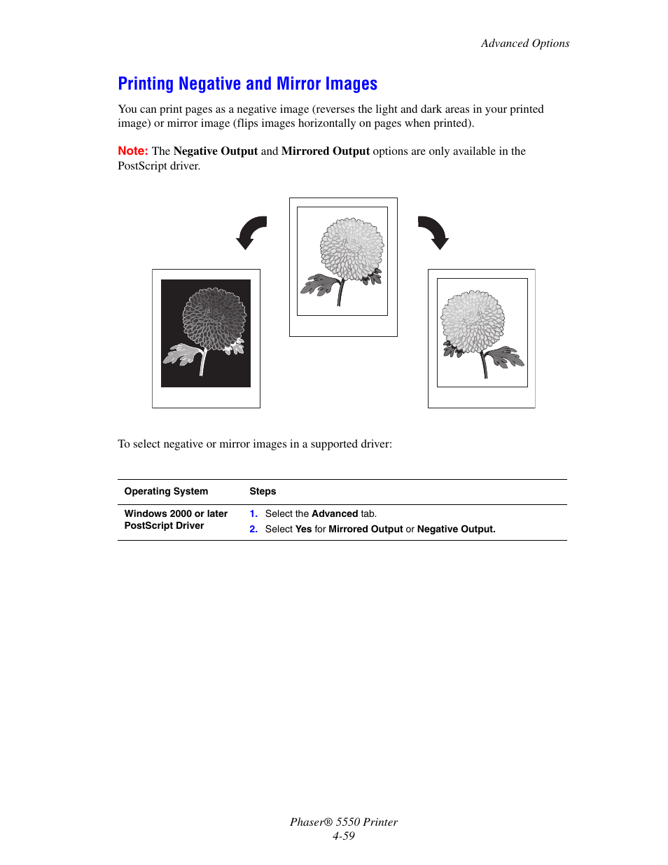 Printing negative and mirror images, Printing negative and mirror images -59 | Xerox 5550 User Manual | Page 120 / 237