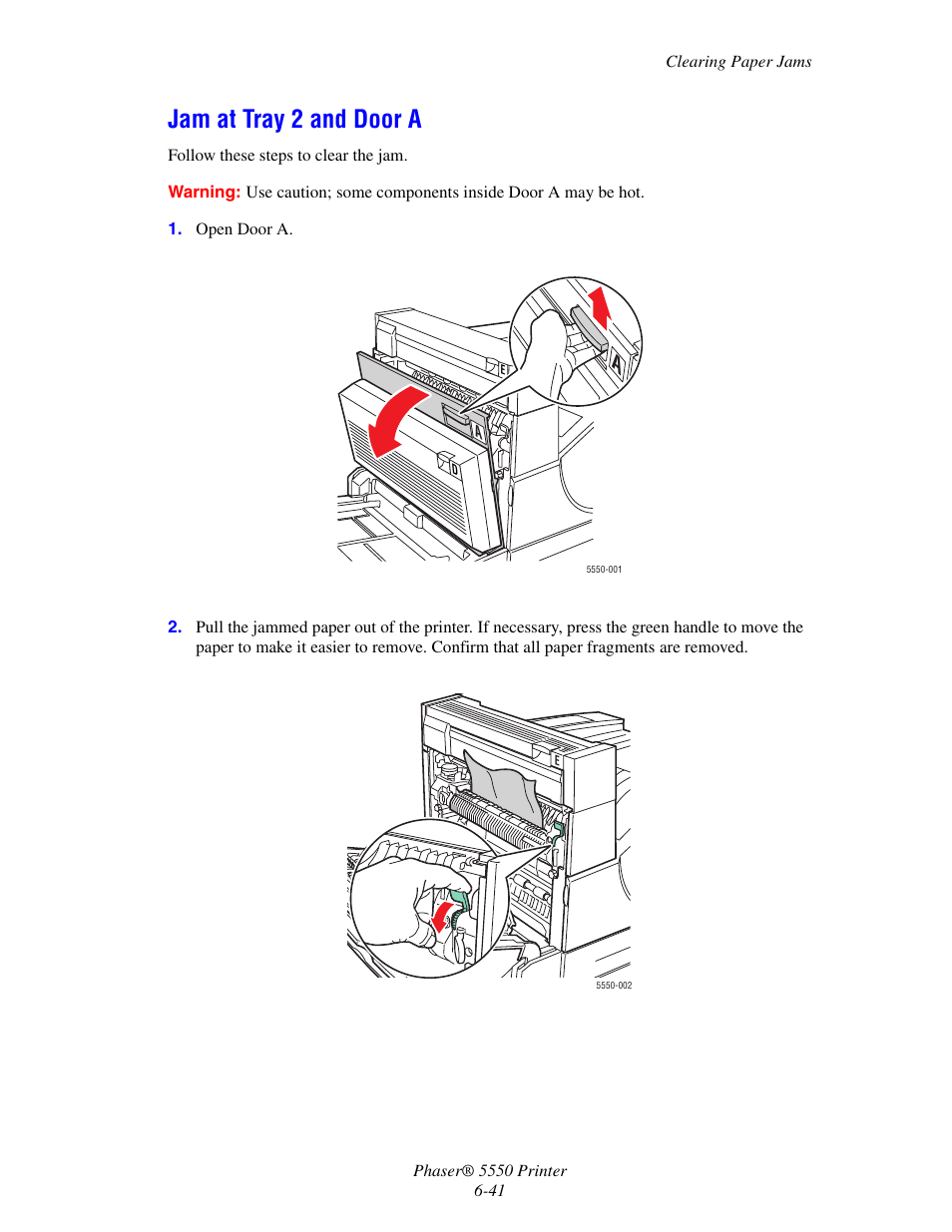Jam at tray 2 and door a, Jam at tray 2 and door a -41 | Xerox 5550 User Manual | Page 185 / 237
