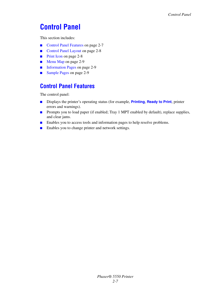 Control panel, Control panel features, Control panel -7 | Control panel features -7 | Xerox 5550 User Manual | Page 24 / 237