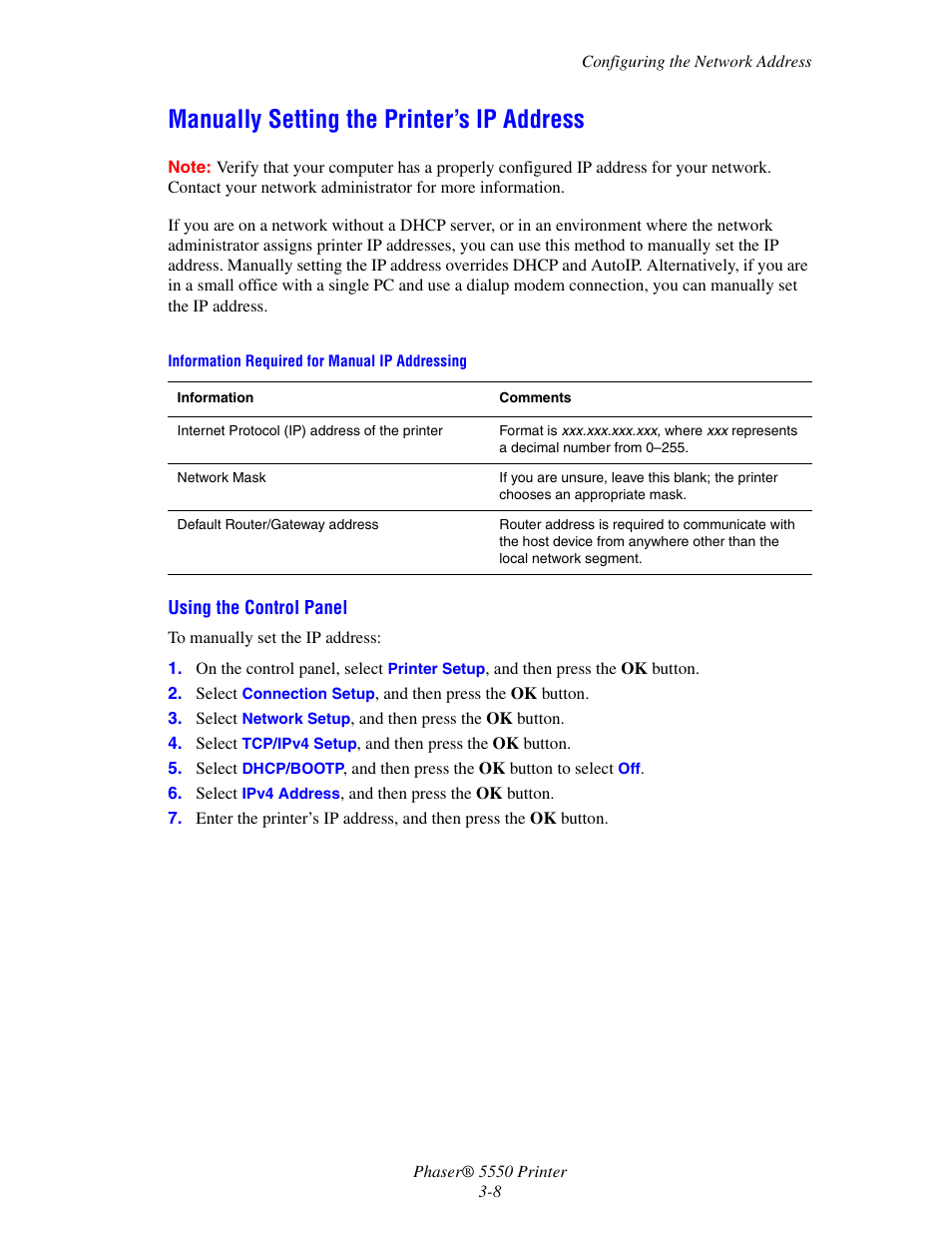 Manually setting the printer’s ip address, Manually setting the printer’s ip address -8 | Xerox 5550 User Manual | Page 38 / 237