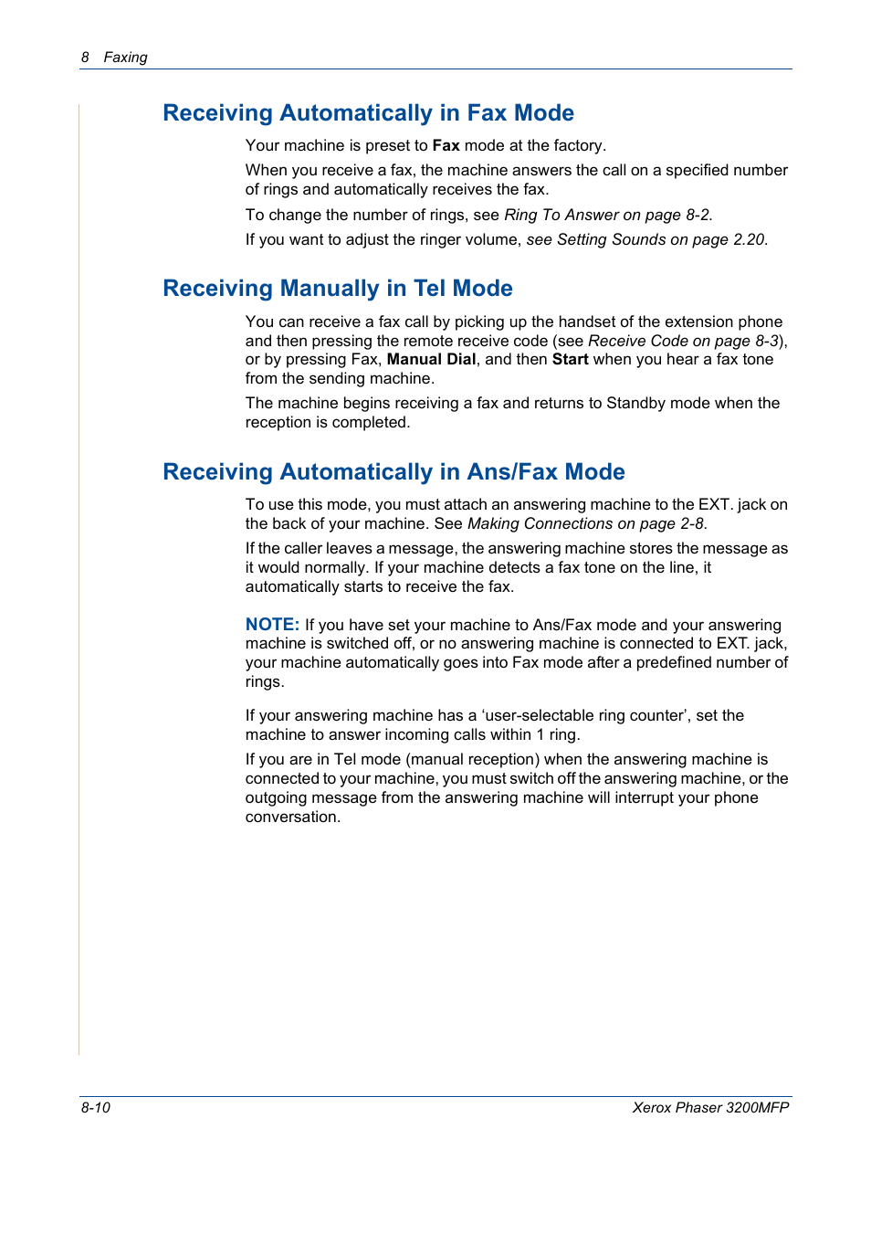 Receiving automatically in fax mode, Receiving manually in tel mode, Receiving automatically in ans/fax mode | Xerox 3200MFP User Manual | Page 154 / 236