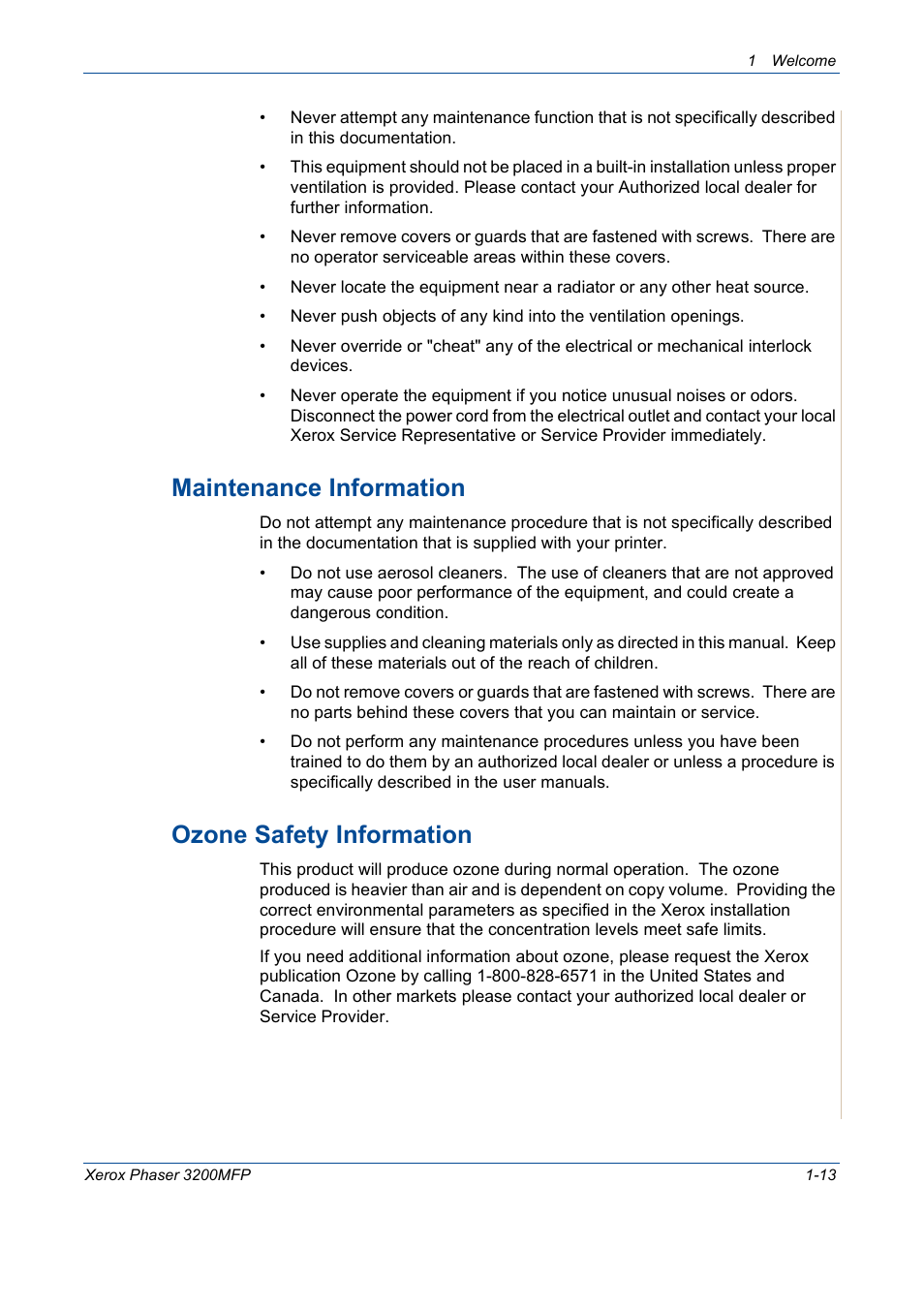 Maintenance information, Ozone safety information | Xerox 3200MFP User Manual | Page 21 / 236