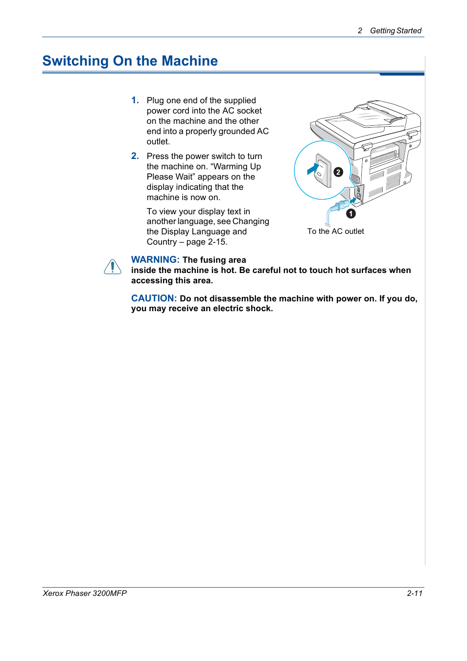 Switching on the machine, Switching on the machine -11 | Xerox 3200MFP User Manual | Page 43 / 236
