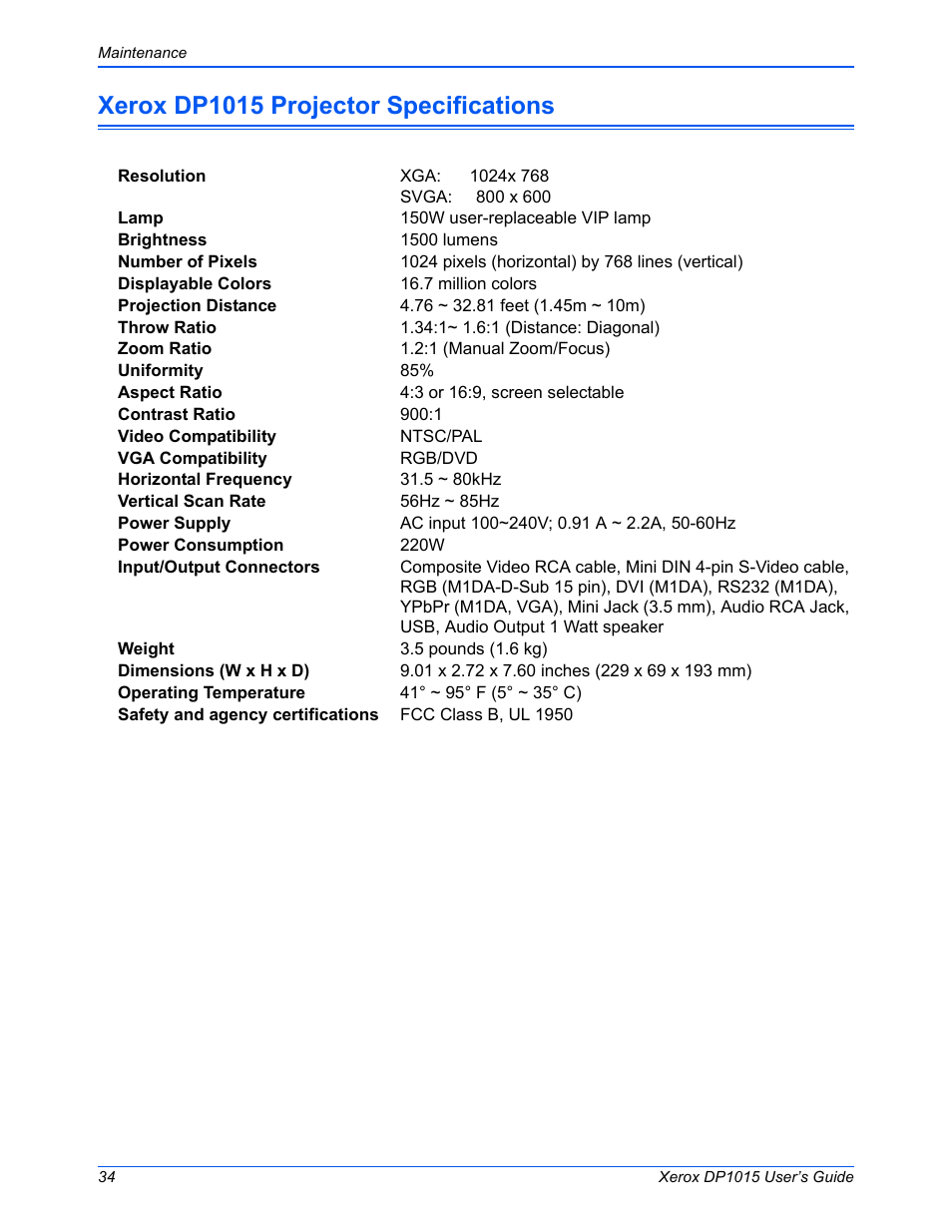 Xerox dp1015 projector specifications | Xerox DP 1015 User Manual | Page 39 / 46