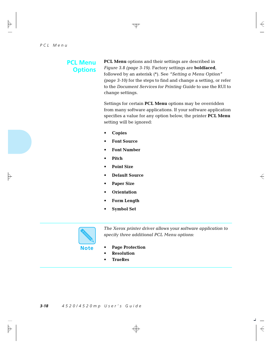 Pcl menu options | Xerox 4520 User Manual | Page 72 / 310