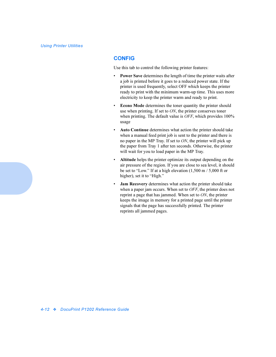 Config | Xerox DocuPrint Personal Laser Printer P1202 User Manual | Page 36 / 88