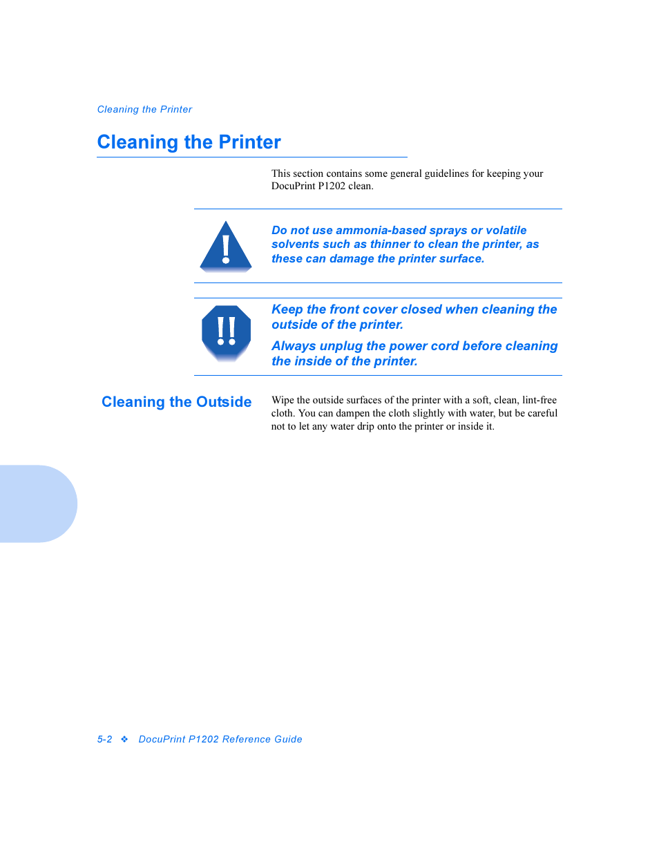 Cleaning the printer, Cleaning the outside, Cleaning the printer -2 | Cleaning the outside -2 | Xerox DocuPrint Personal Laser Printer P1202 User Manual | Page 42 / 88