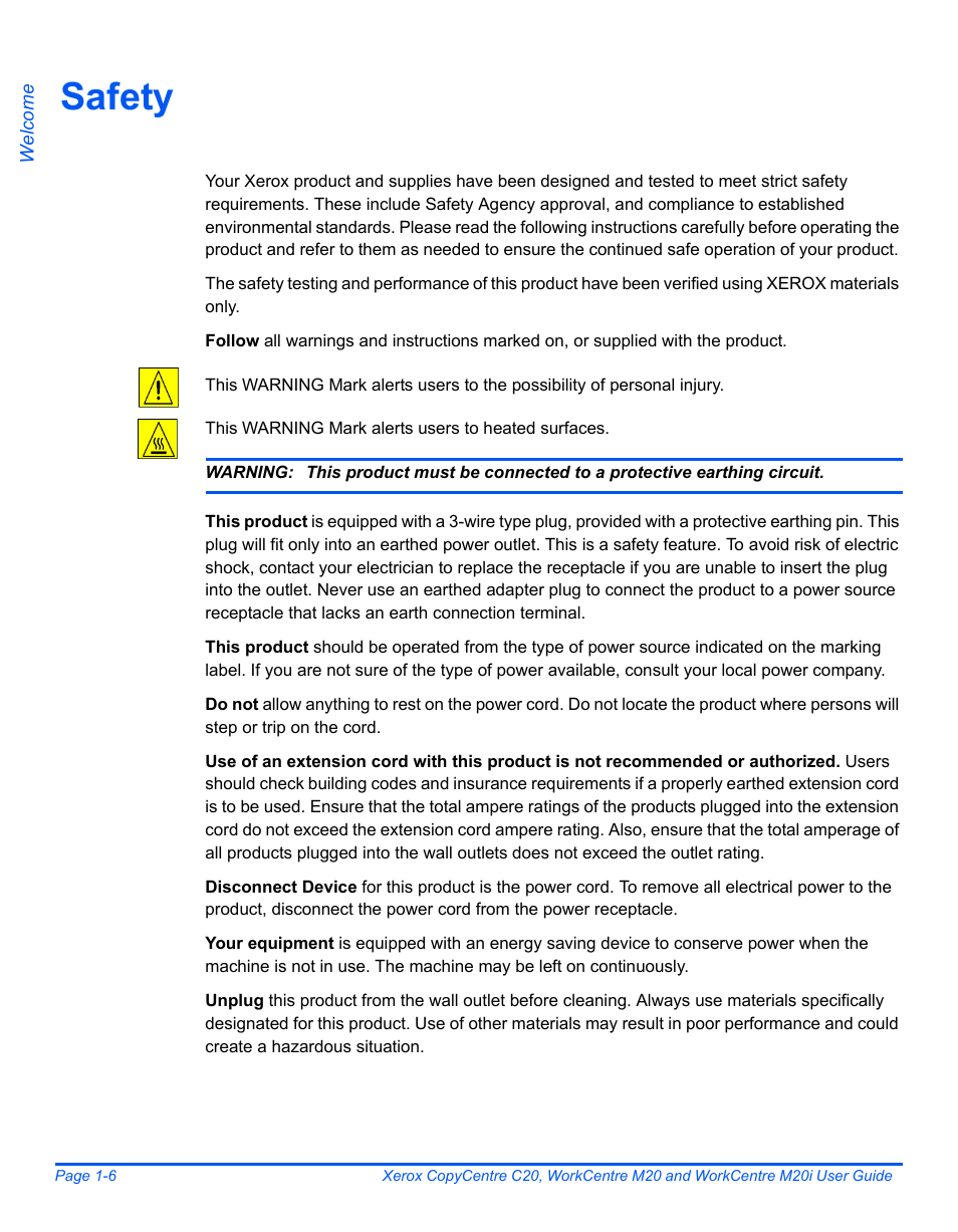 Safety, Safety -6 | Xerox COPYCENTRE M20I User Manual | Page 12 / 215