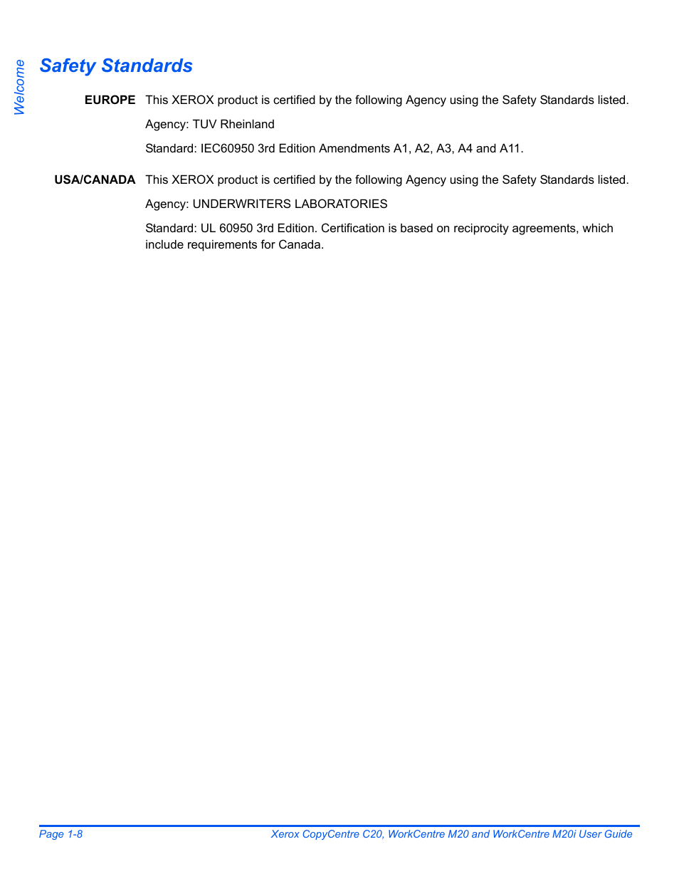 Safety standards | Xerox COPYCENTRE M20I User Manual | Page 14 / 215