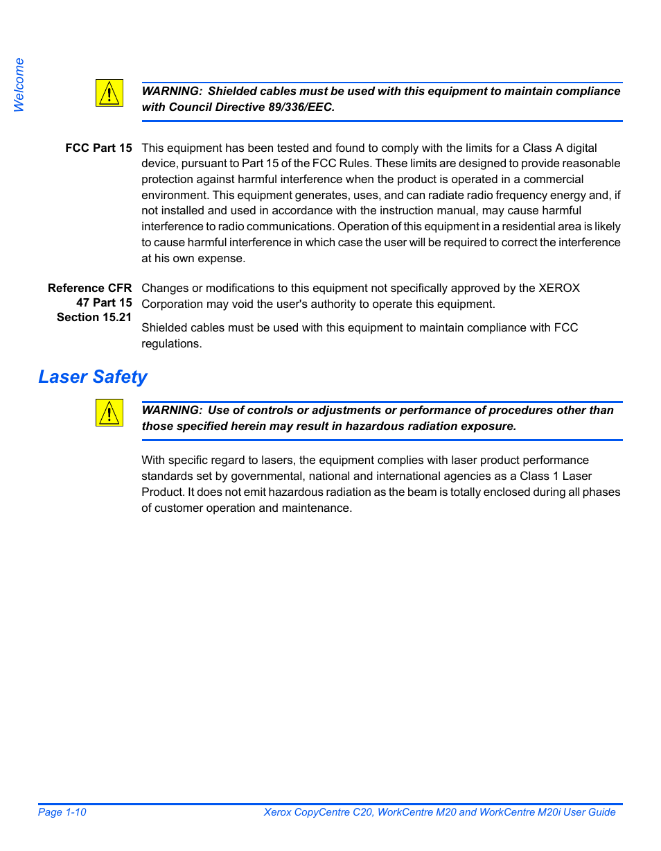 Laser safety | Xerox COPYCENTRE M20I User Manual | Page 16 / 215