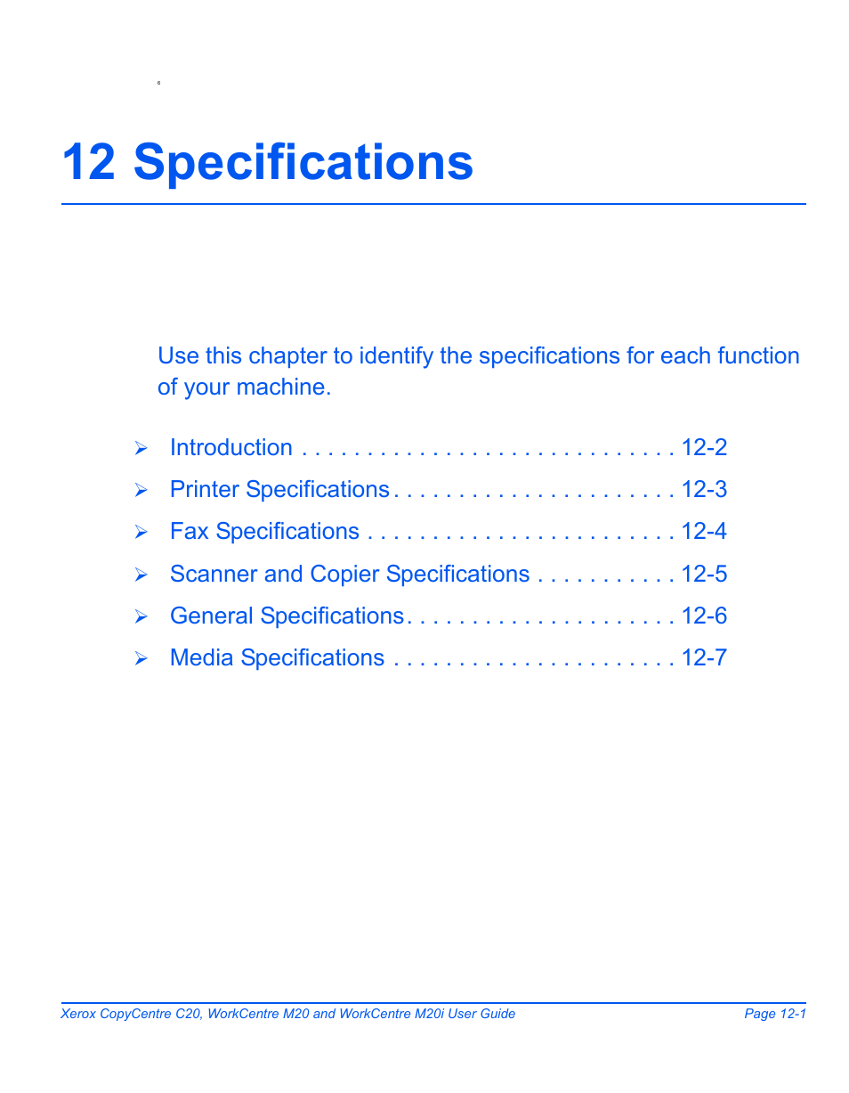12 specifications, 12 specifications -1 | Xerox COPYCENTRE M20I User Manual | Page 203 / 215