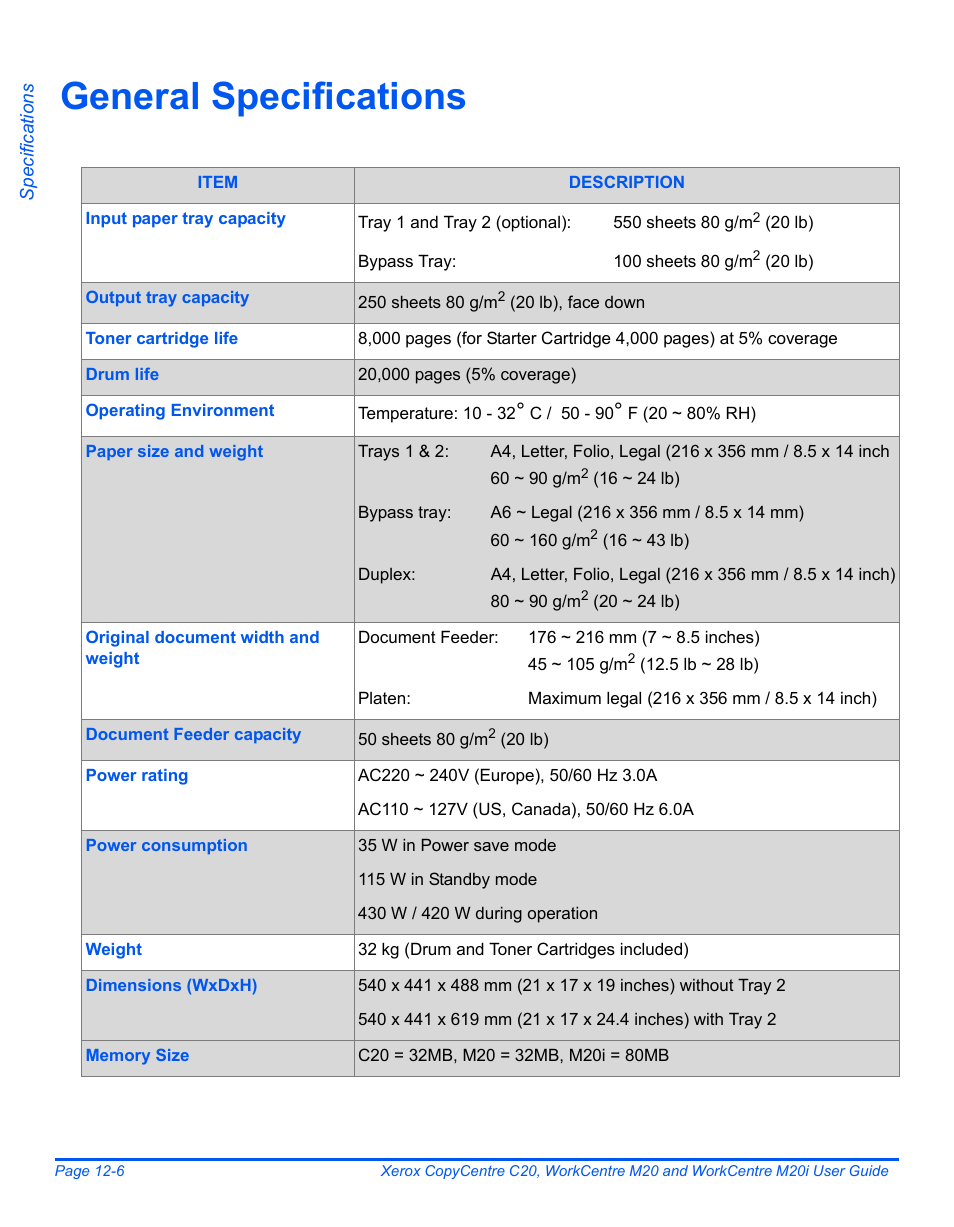 General specifications, General specifications -6 | Xerox COPYCENTRE M20I User Manual | Page 208 / 215
