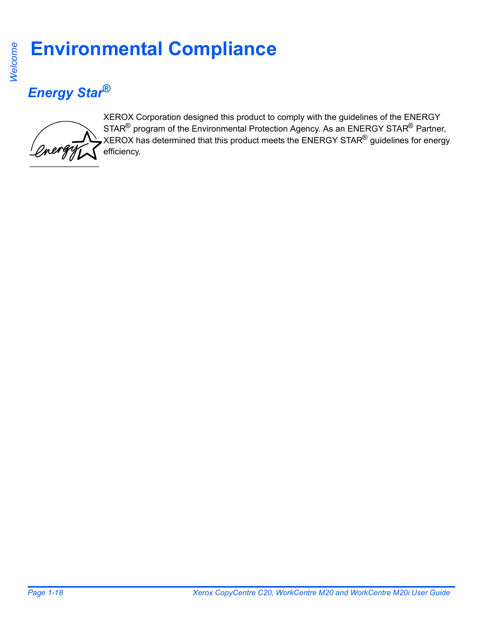 Environmental compliance, Energy star, Environmental compliance -18 | Xerox COPYCENTRE M20I User Manual | Page 24 / 215