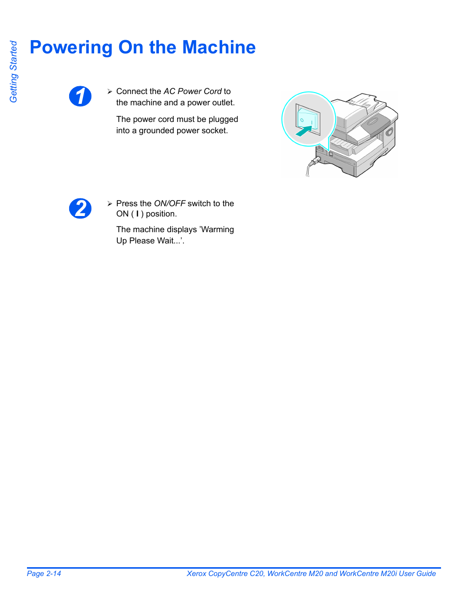 Powering on the machine, Powering on the machine -14 | Xerox COPYCENTRE M20I User Manual | Page 38 / 215