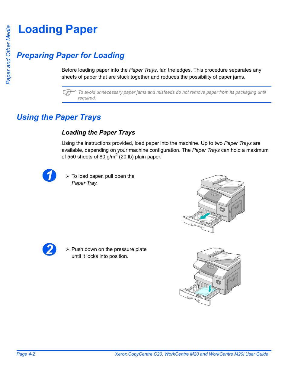Loading paper, Preparing paper for loading, Using the paper trays | Loading paper -2 | Xerox COPYCENTRE M20I User Manual | Page 72 / 215