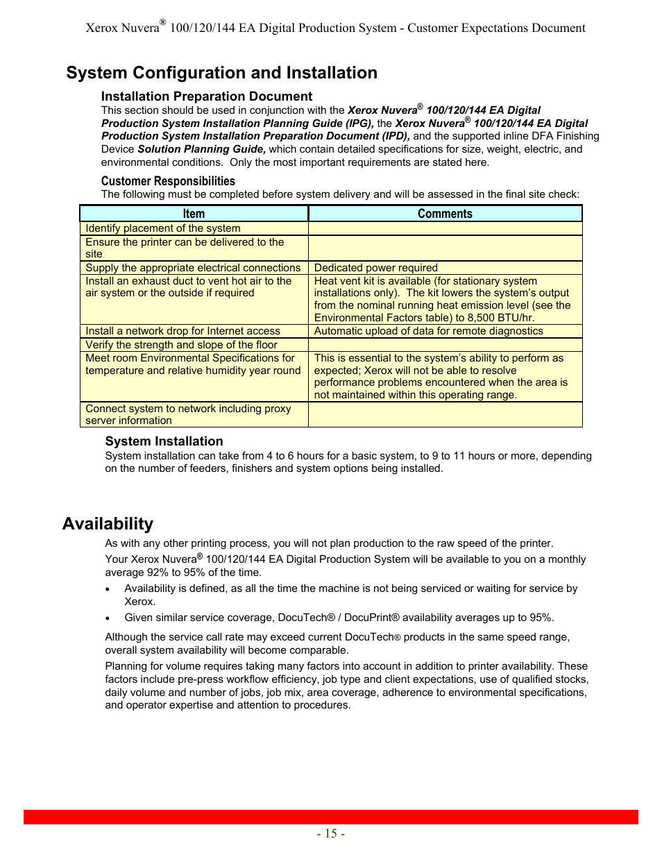 System configuration and installation, Availability | Xerox Nuvera 120 EA User Manual | Page 15 / 63