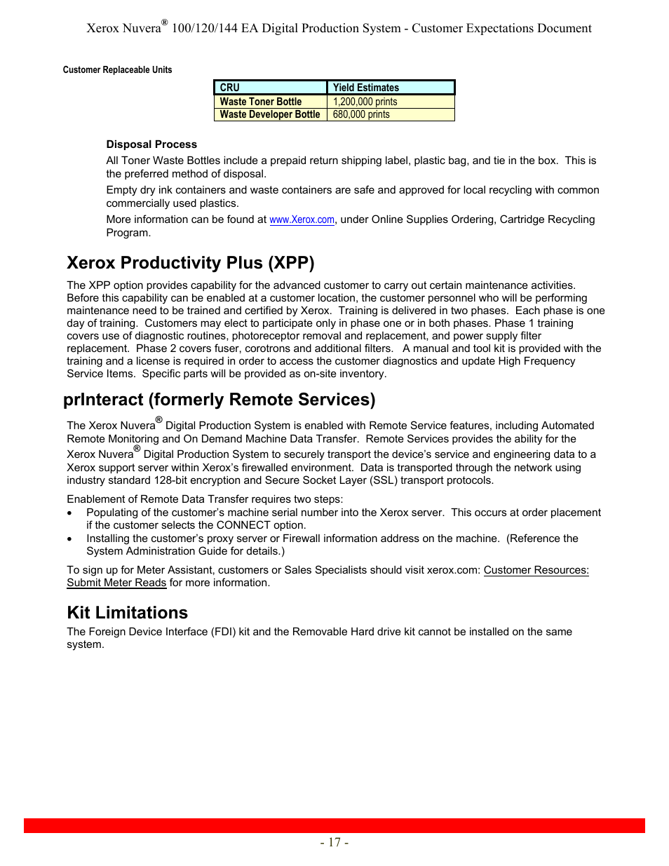 Xerox productivity plus (xpp), Printeract (formerly remote services), Kit limitations | Xerox Nuvera 120 EA User Manual | Page 17 / 63