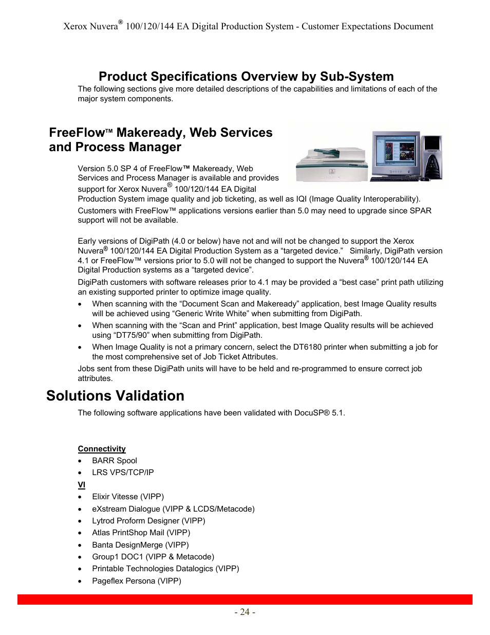 Solutions validation, Product specifications overview by sub-system, Freeflow | Makeready, web services and process manager | Xerox Nuvera 120 EA User Manual | Page 24 / 63