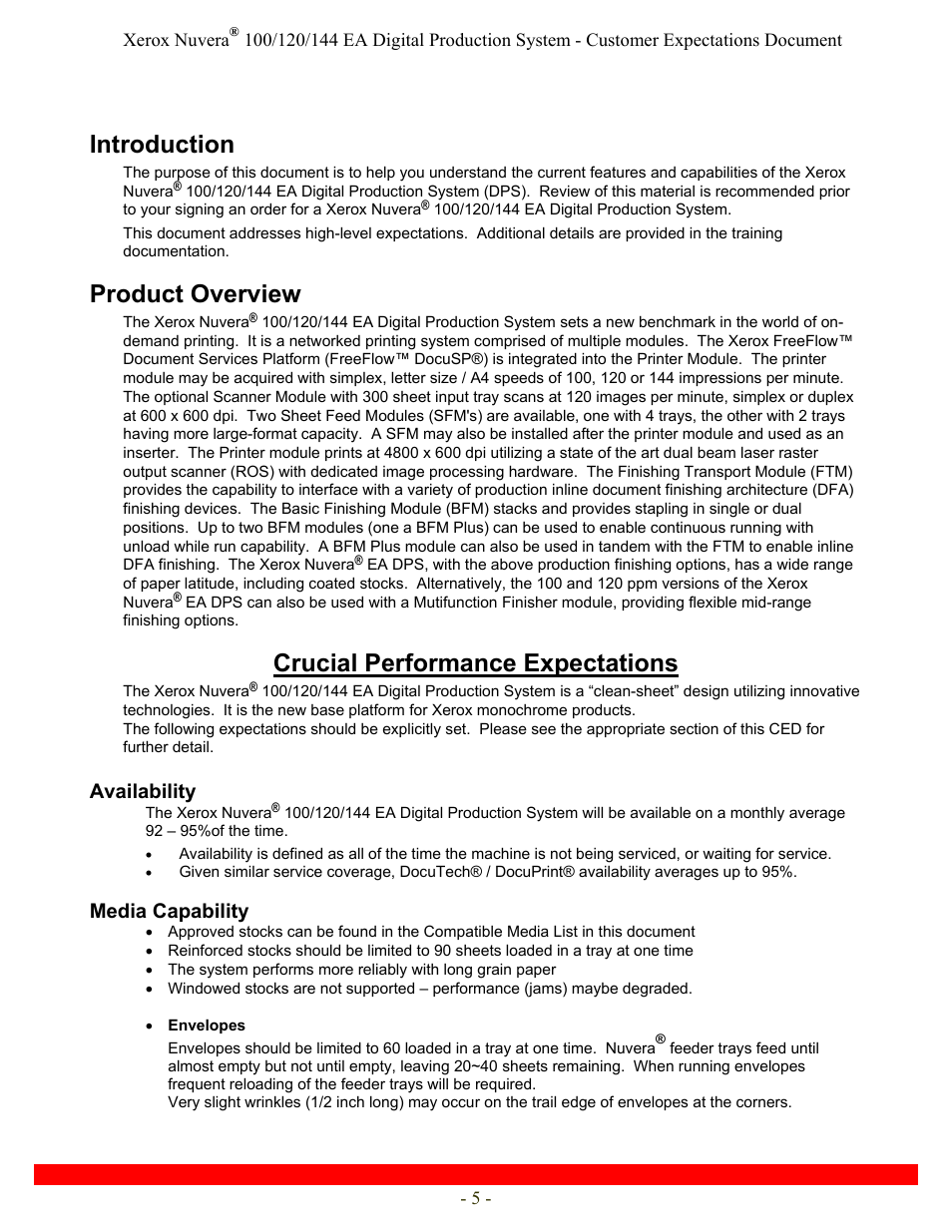 Introduction, Product overview, Crucial performance expectations | Availability, Media capability | Xerox Nuvera 120 EA User Manual | Page 5 / 63