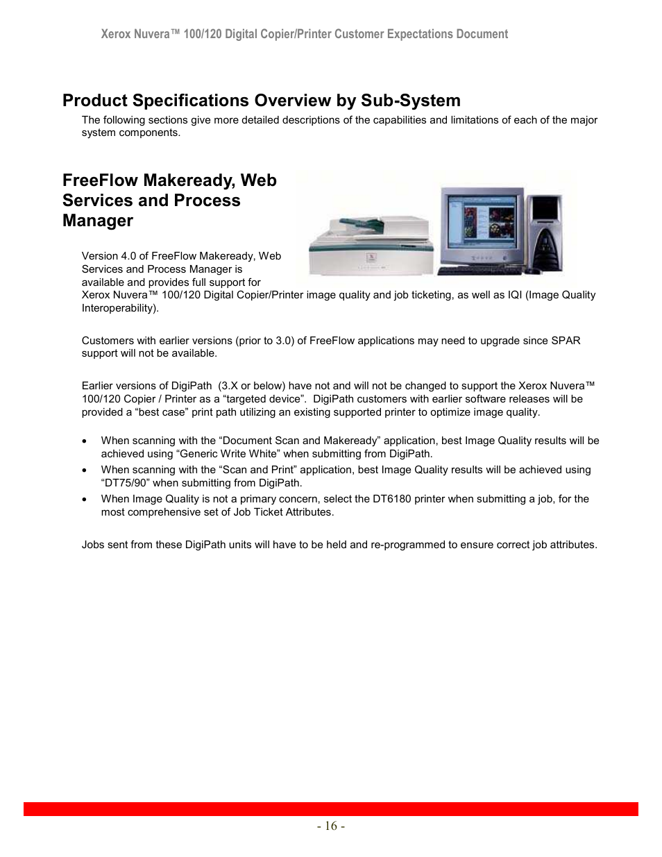 Product specifications overview by sub-system | Xerox Nuvera 120 User Manual | Page 16 / 34