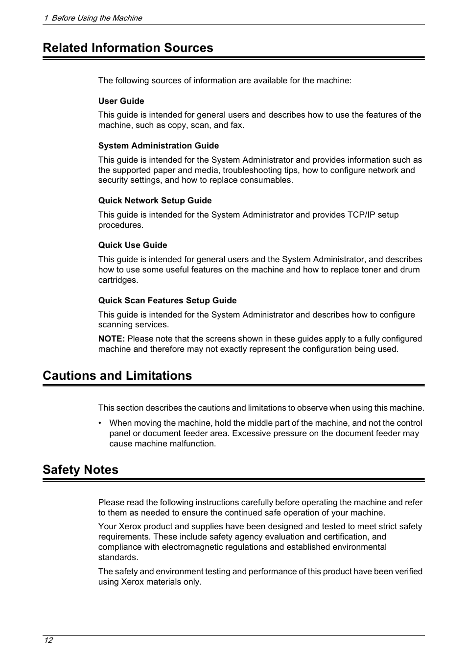 Related information sources, Cautions and limitations, Safety notes | Xerox 5222 User Manual | Page 12 / 182