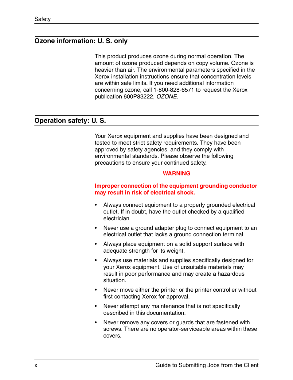 Ozone information: u. s. only, Operation safety: u. s | Xerox DocuPrint 721P90350 User Manual | Page 10 / 216