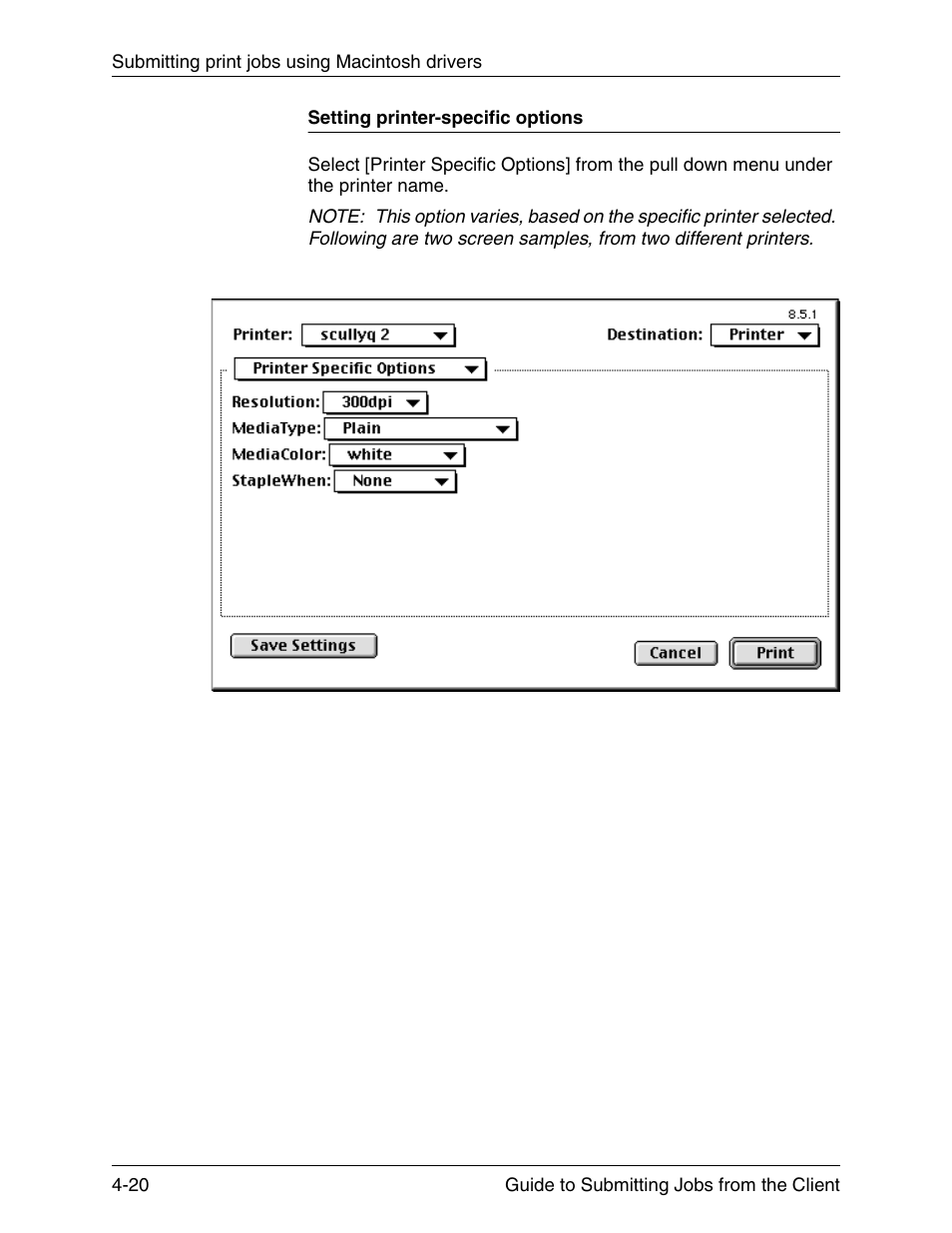 Setting printer-specific options, Setting printer-specific options -20 | Xerox DocuPrint 721P90350 User Manual | Page 108 / 216