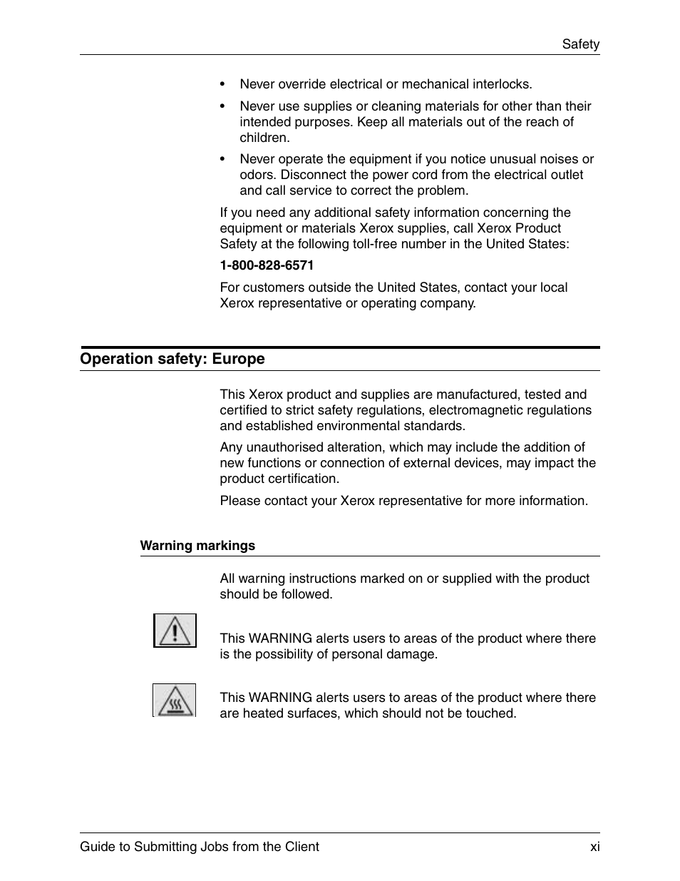 Operation safety: europe, Warning markings | Xerox DocuPrint 721P90350 User Manual | Page 11 / 216