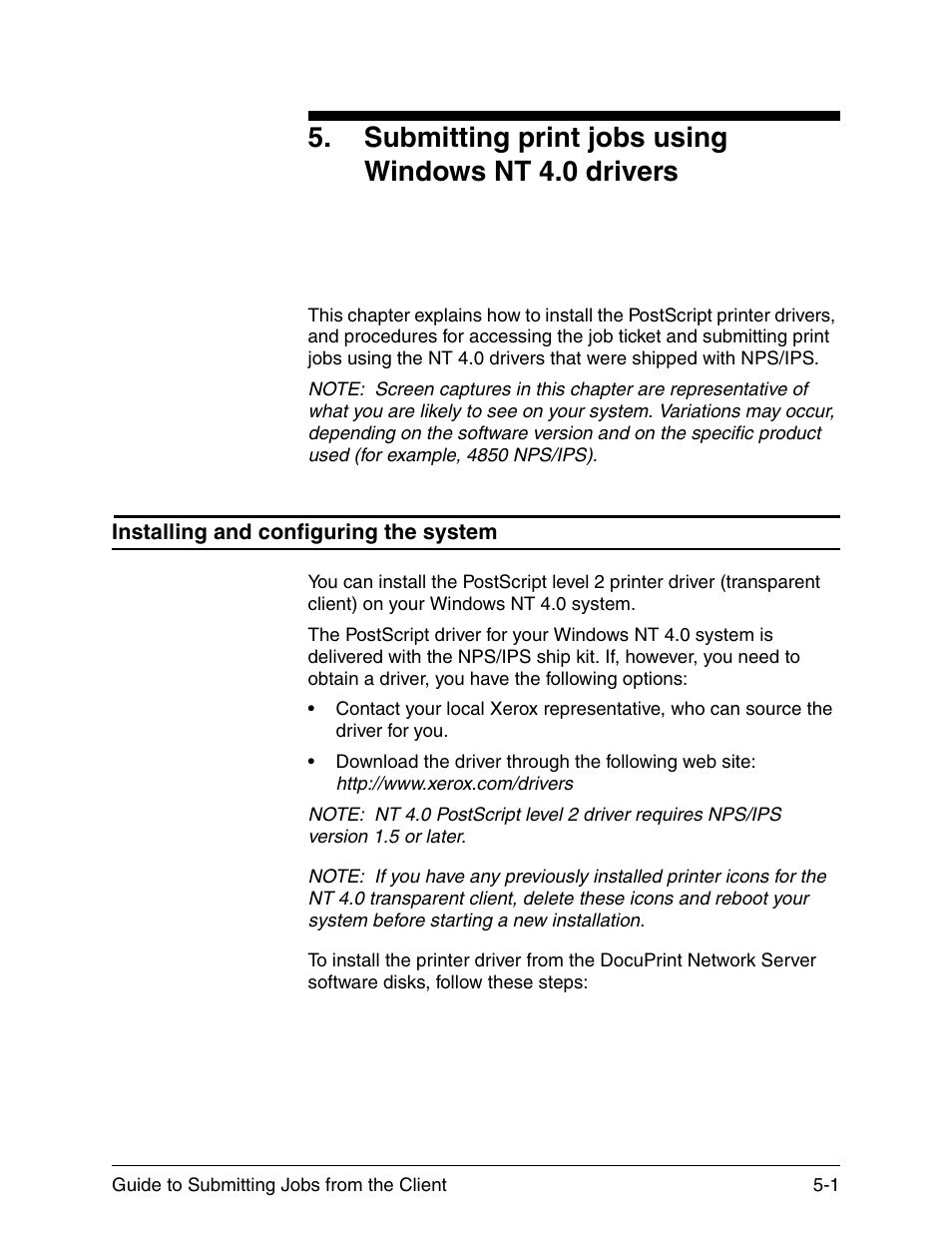 Submitting print jobs using windows nt 4.0 drivers, Installing and configuring the system, Installing and configuring the system -1 | Xerox DocuPrint 721P90350 User Manual | Page 129 / 216