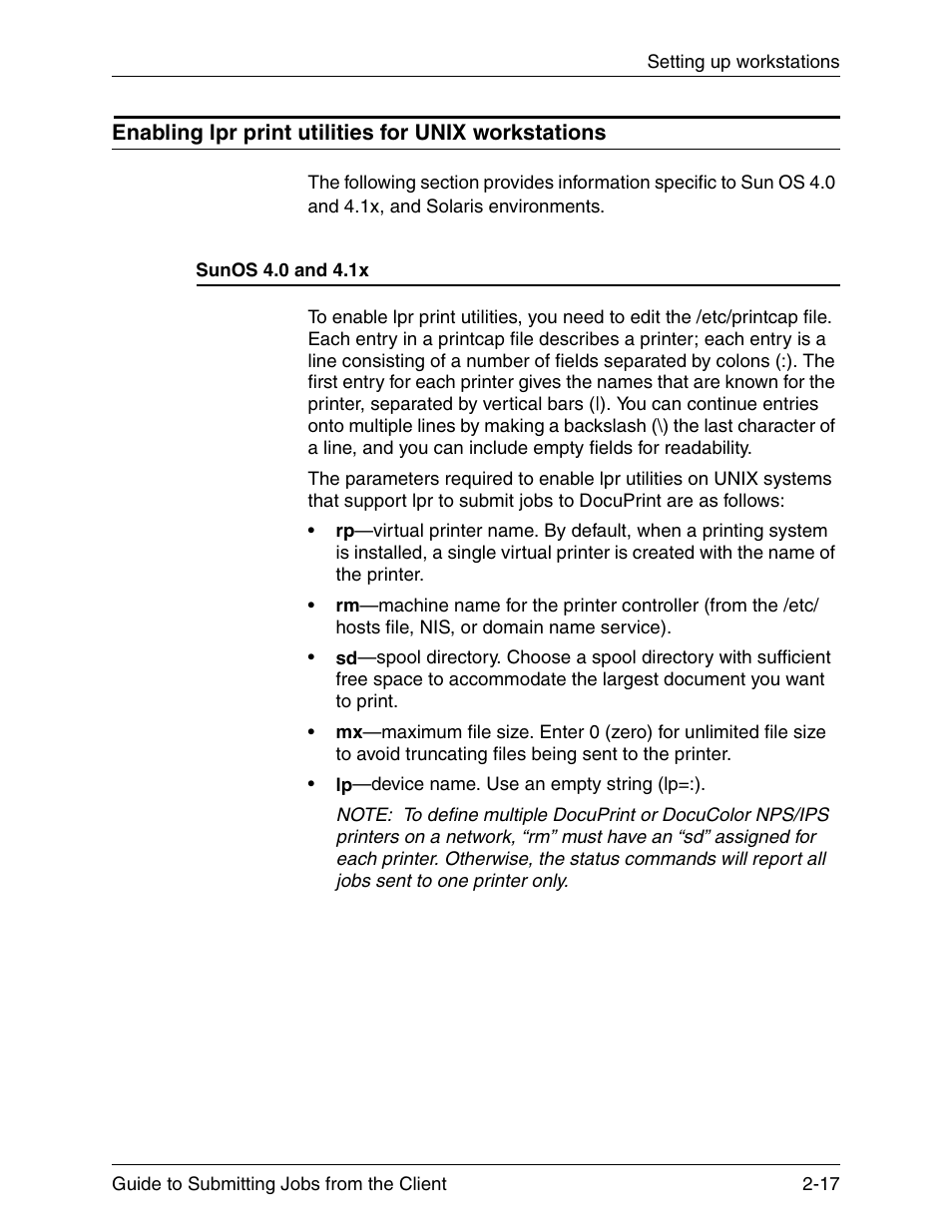 Enabling lpr print utilities for unix workstations, Sunos 4.0 and 4.1x, Sunos 4.0 and 4.1x -17 | Xerox DocuPrint 721P90350 User Manual | Page 45 / 216