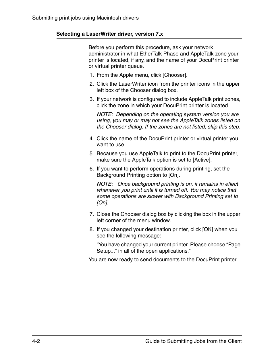 Selecting a laserwriter driver, version 7.x, Selecting a laserwriter driver, version 7.x -2 | Xerox DocuPrint 721P90350 User Manual | Page 90 / 216