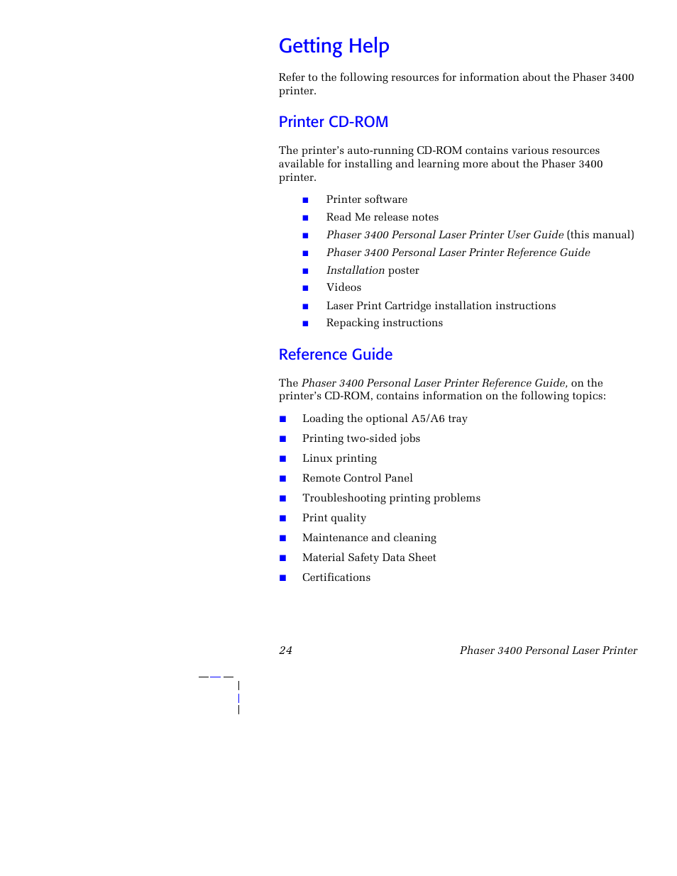 Getting help, Printer cd-rom, Reference guide | Printer cd-rom reference guide | Xerox 3400 User Manual | Page 34 / 40