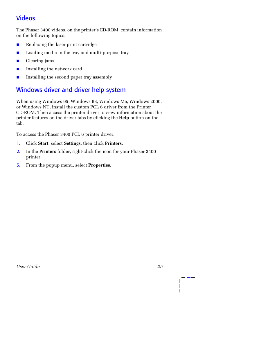 Videos, Windows driver and driver help system, Videos windows driver and driver help system | Xerox 3400 User Manual | Page 35 / 40
