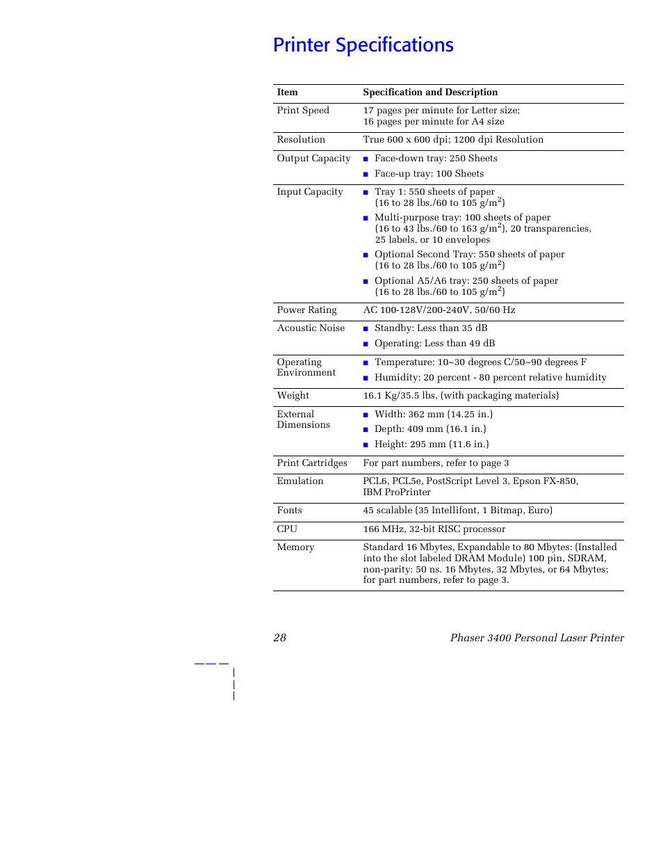 Printer specifications | Xerox 3400 User Manual | Page 38 / 40