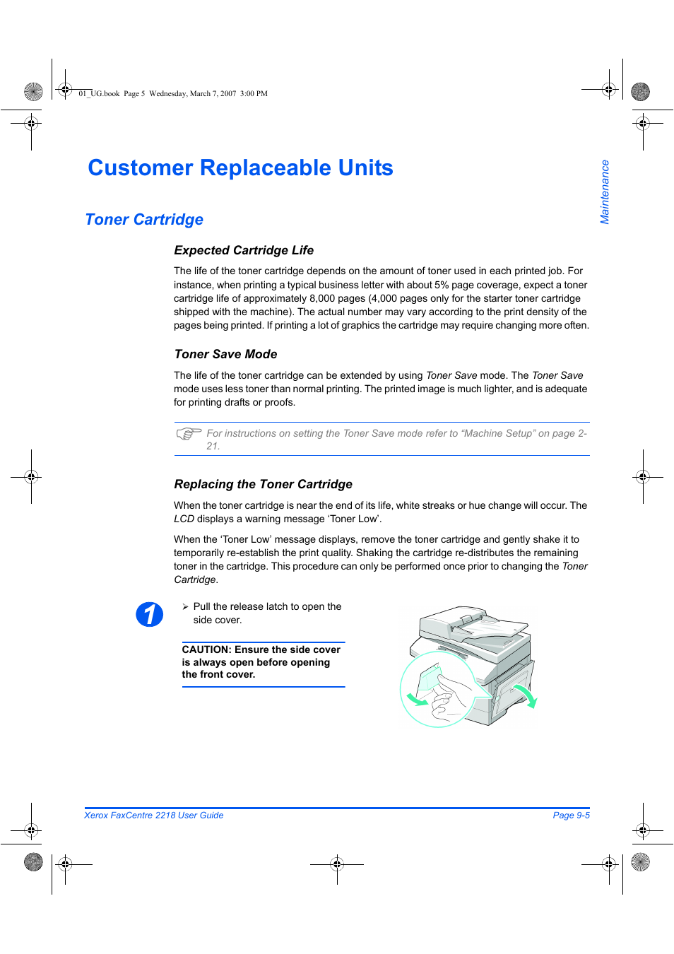 Customer replaceable units, Toner cartridge | Xerox FaxCentre 2218 User Manual | Page 173 / 212