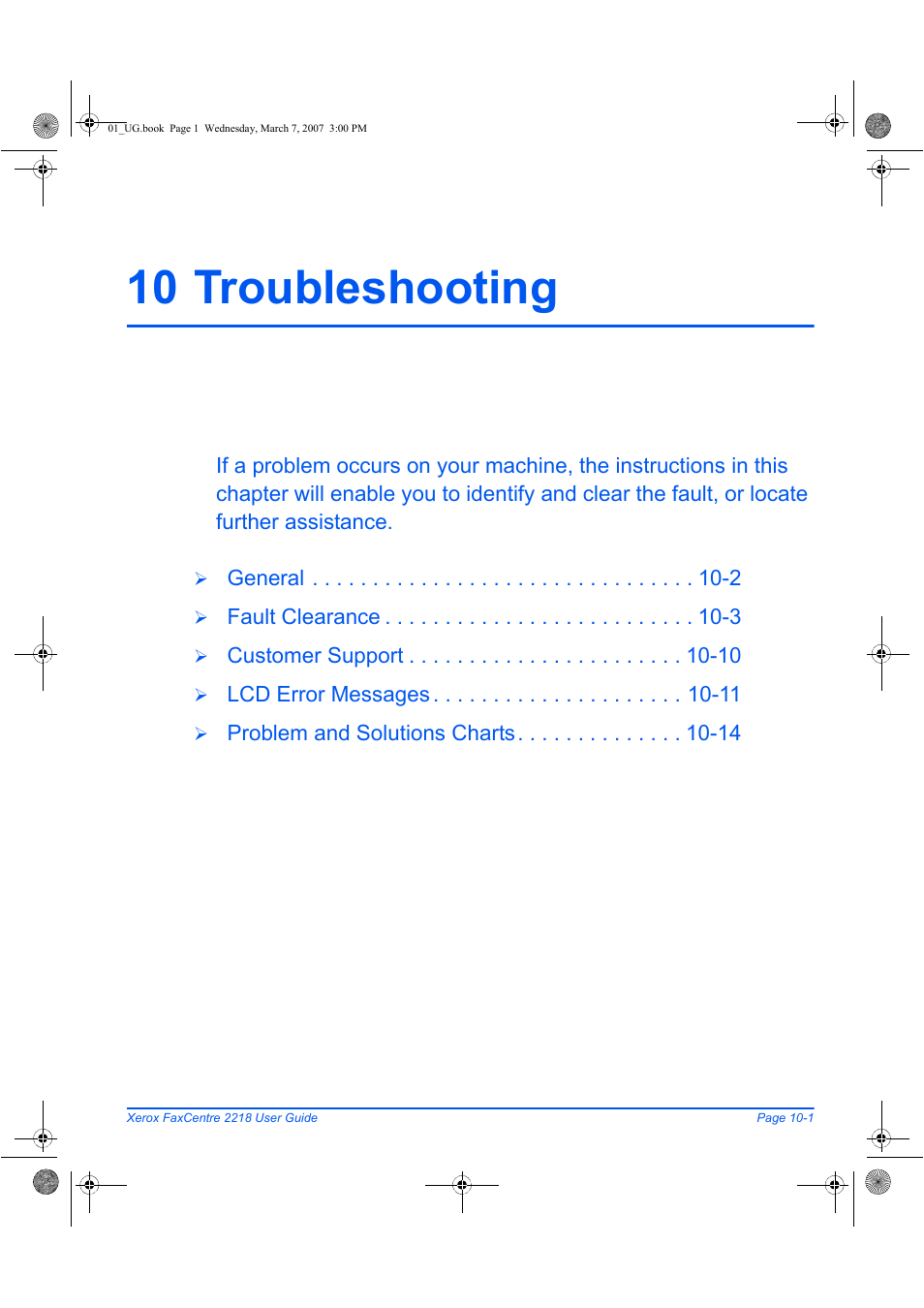 10 troubleshooting | Xerox FaxCentre 2218 User Manual | Page 179 / 212