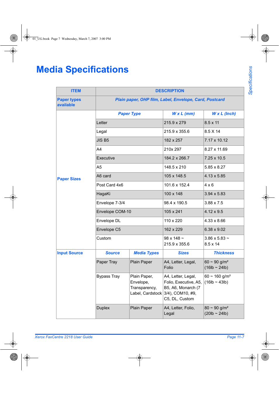 Media specifications | Xerox FaxCentre 2218 User Manual | Page 205 / 212