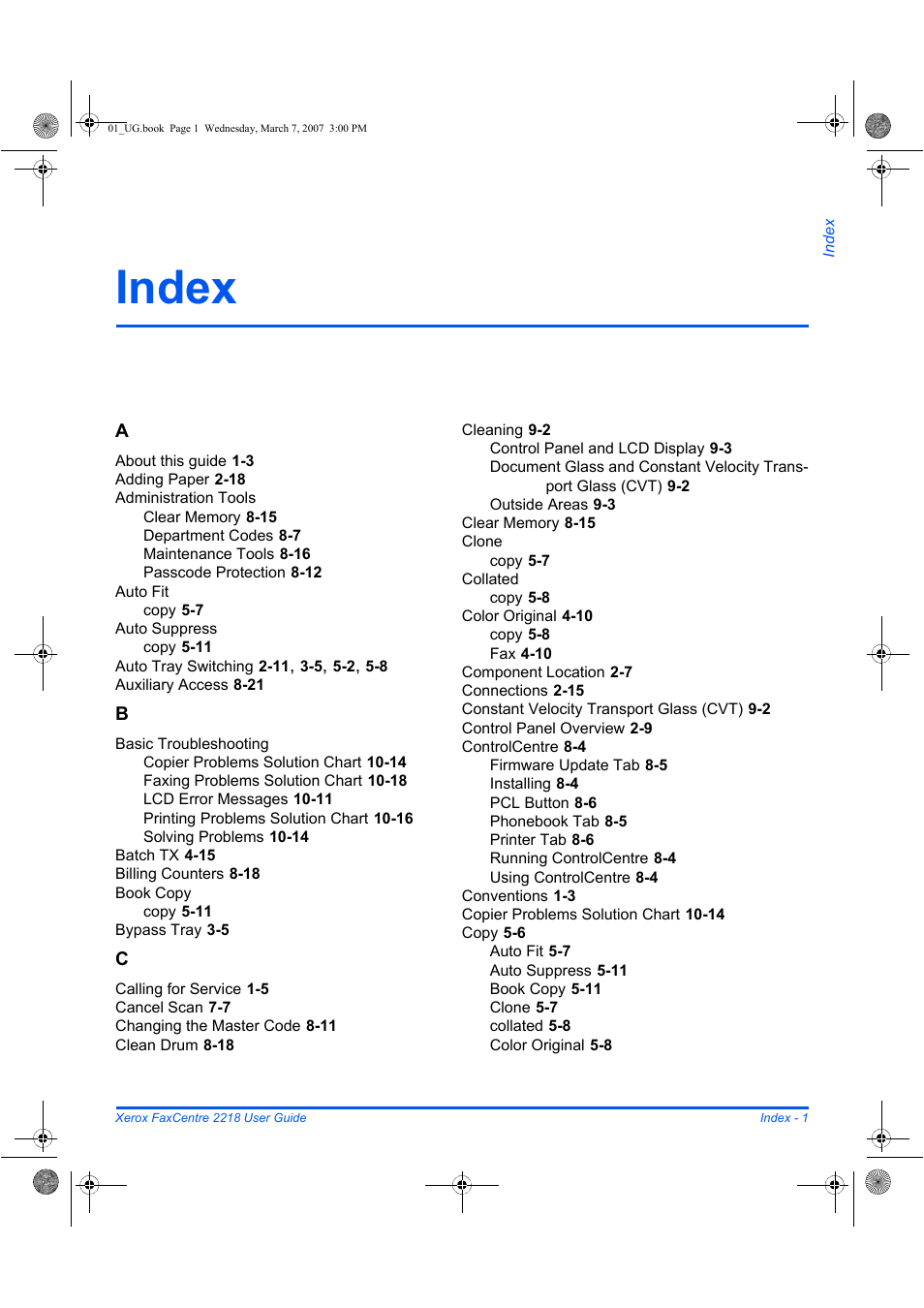 Index | Xerox FaxCentre 2218 User Manual | Page 207 / 212