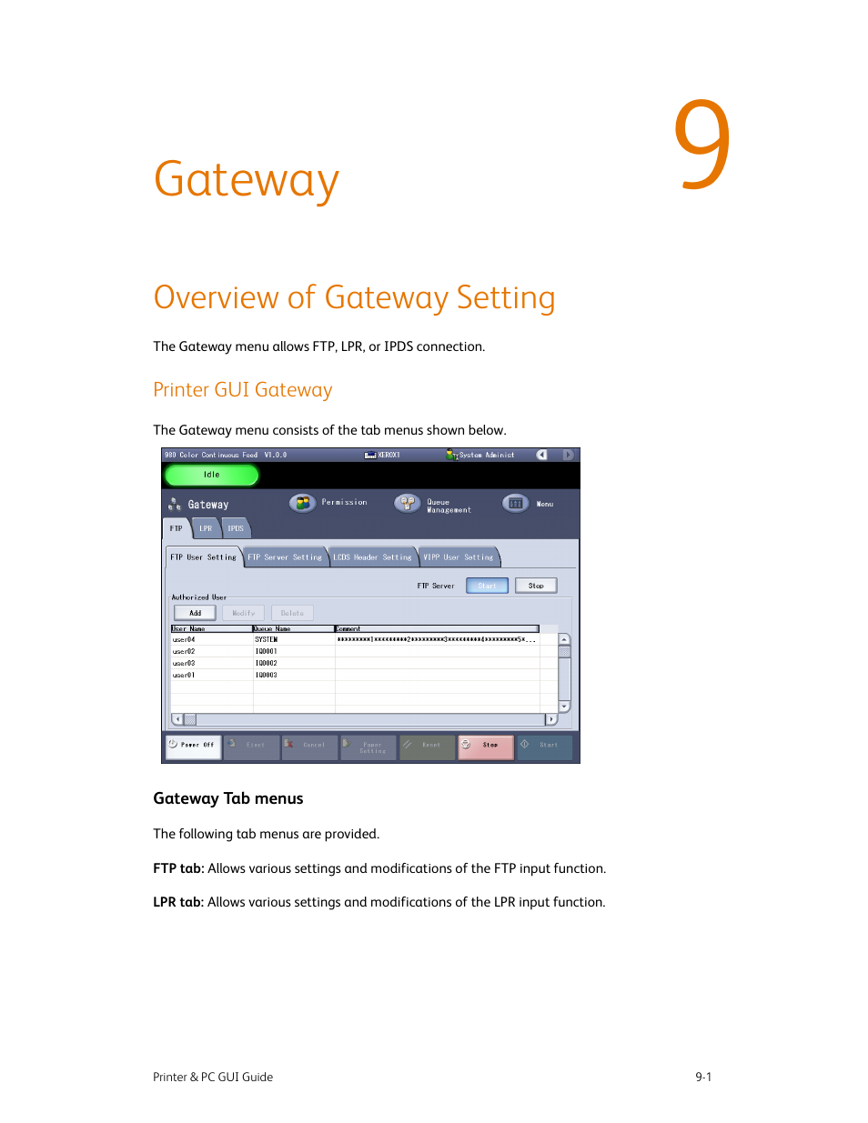 Gateway, Overview of gateway setting, Printer gui gateway | Gateway -1, Overview of gateway setting -1, Printer gui gateway -1, Gateway tab menus -1 | Xerox 490 User Manual | Page 135 / 262