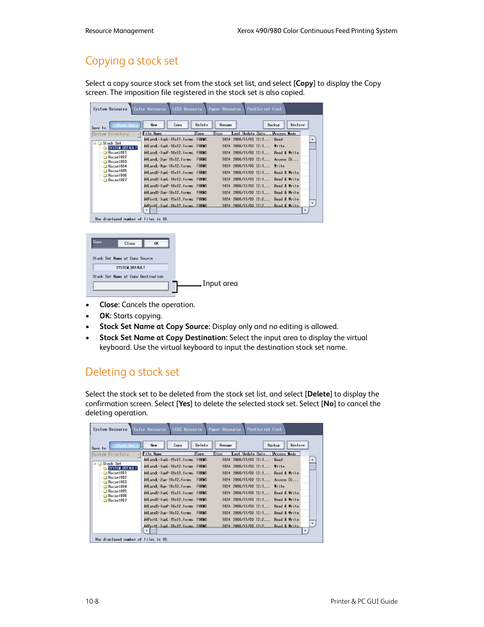 Copying a stock set, Deleting a stock set, Copying a stock set -8 deleting a stock set -8 | Xerox 490 User Manual | Page 164 / 262