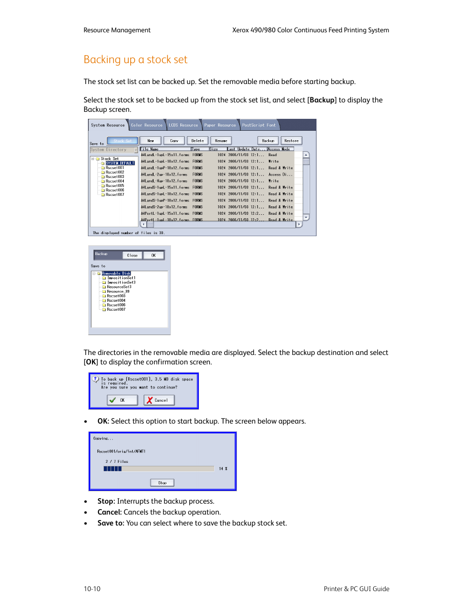 Backing up a stock set, Backing up a stock set -10 | Xerox 490 User Manual | Page 166 / 262