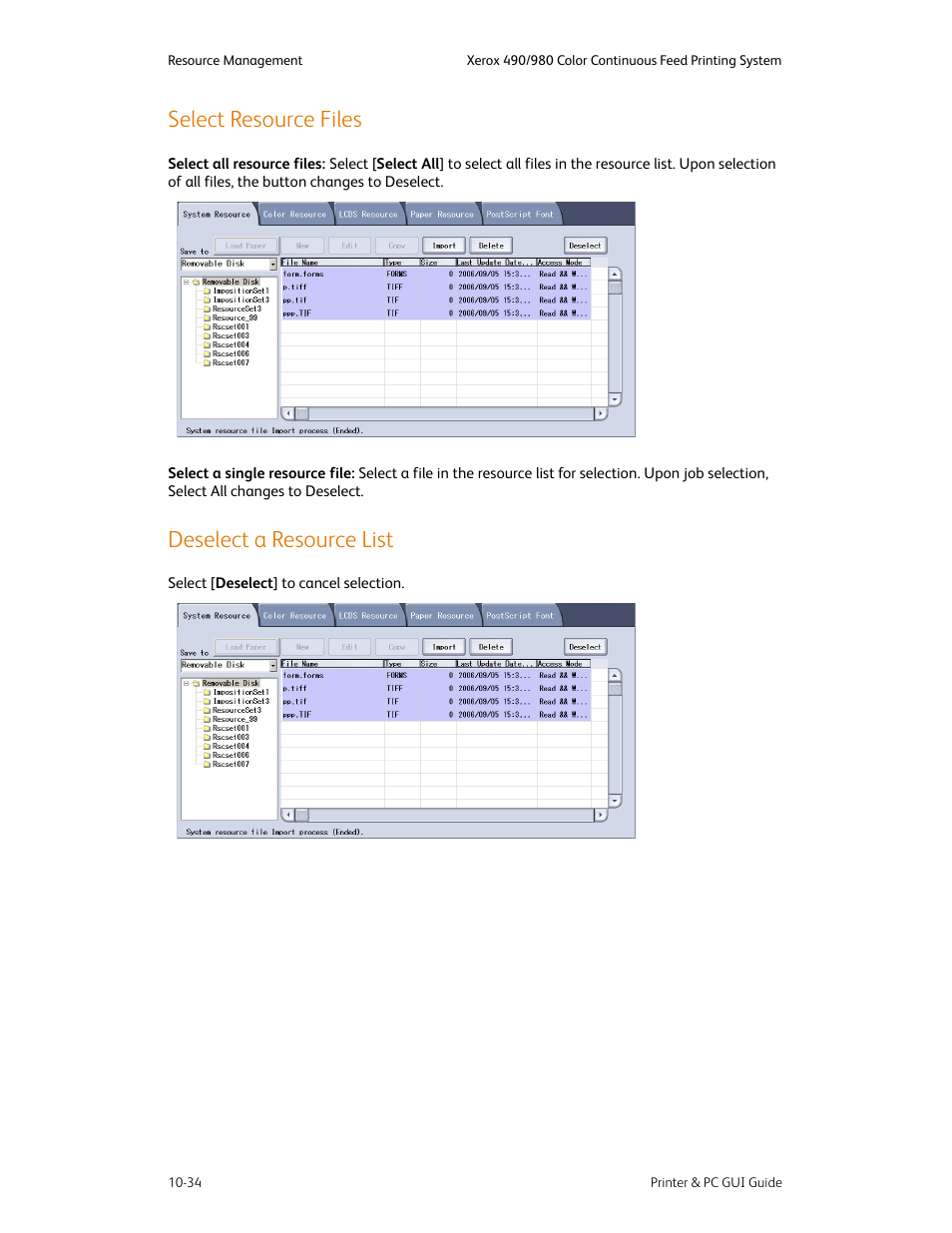 Select resource files, Deselect a resource list | Xerox 490 User Manual | Page 190 / 262