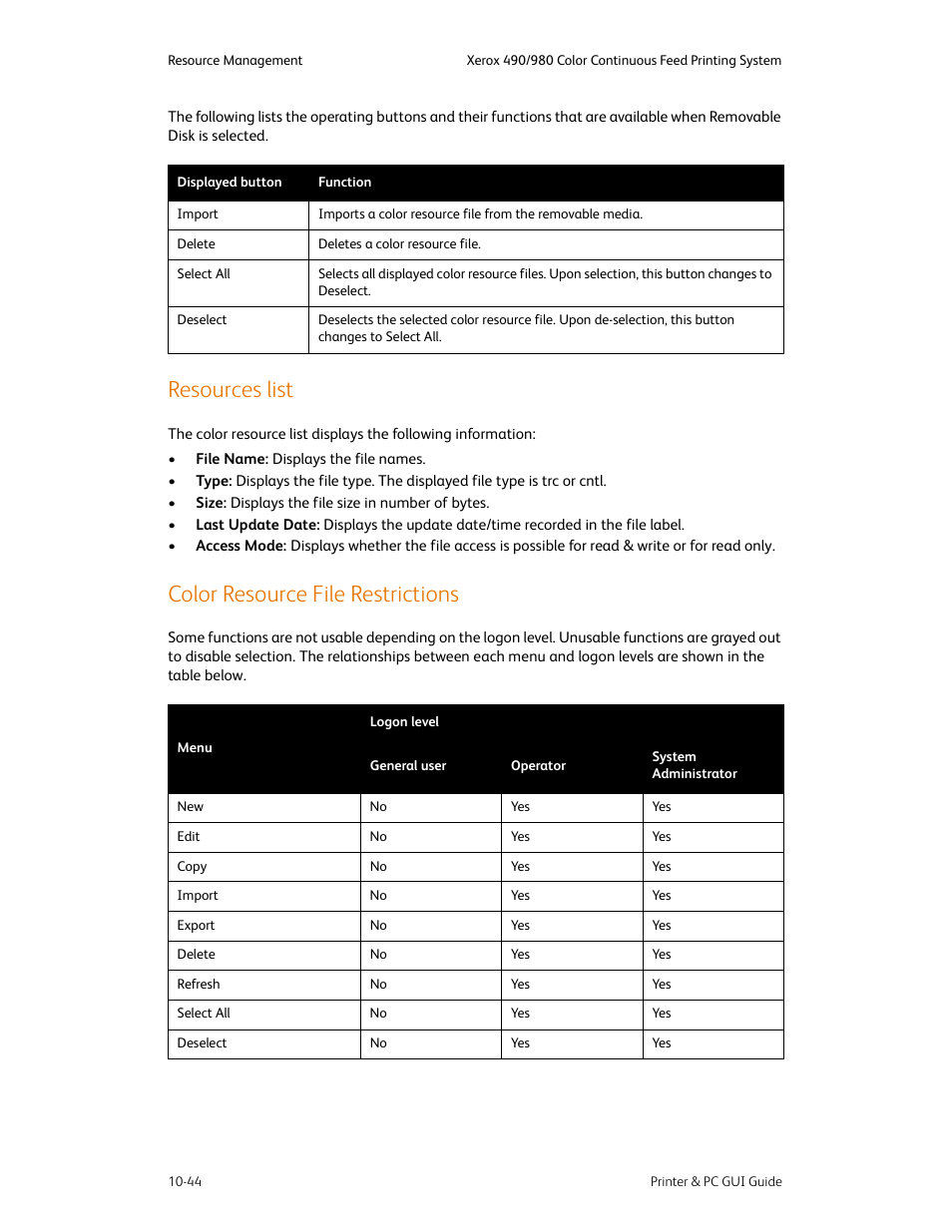 Resources list, Color resource file restrictions | Xerox 490 User Manual | Page 200 / 262