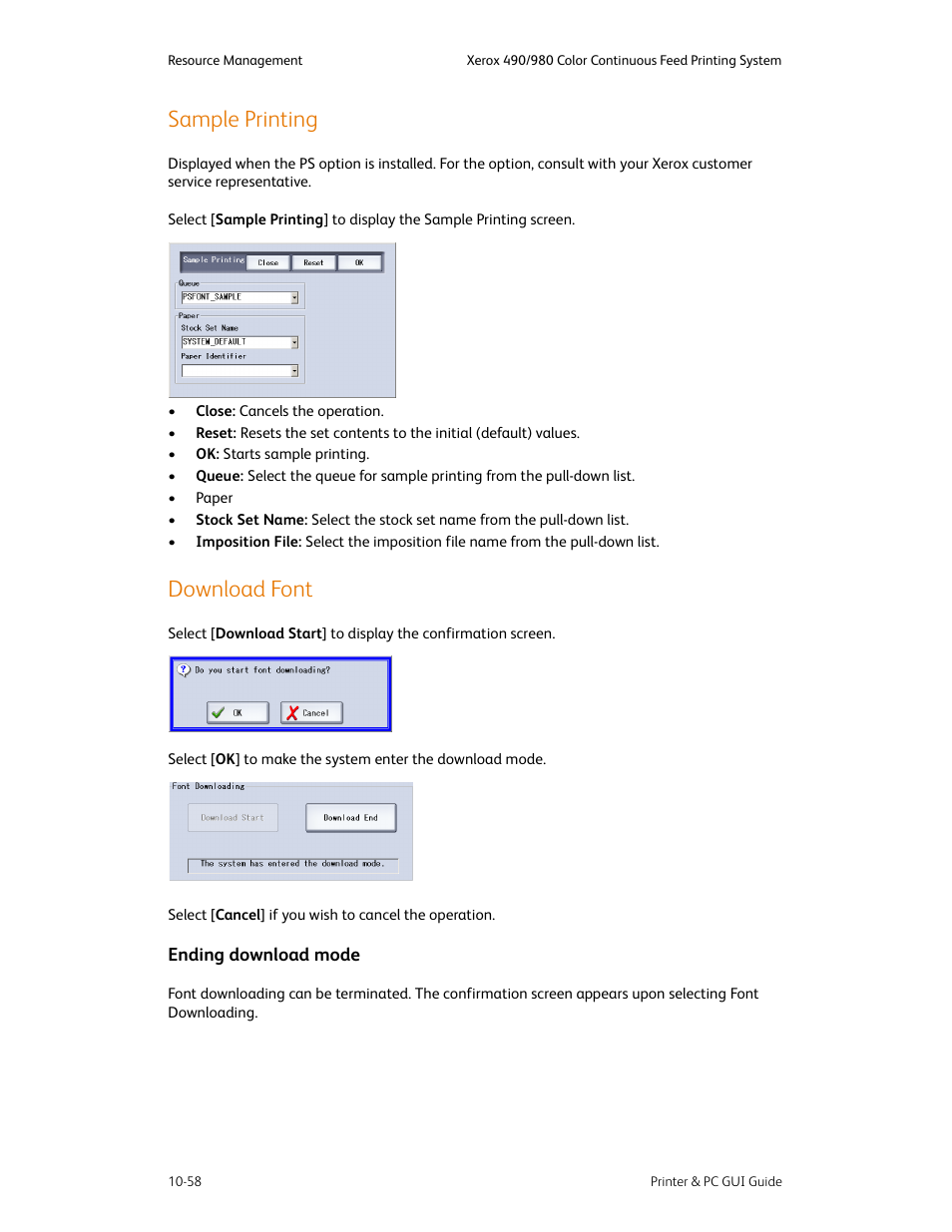 Sample printing, Download font, Sample printing -58 download font -58 | Ending download mode -58 | Xerox 490 User Manual | Page 214 / 262