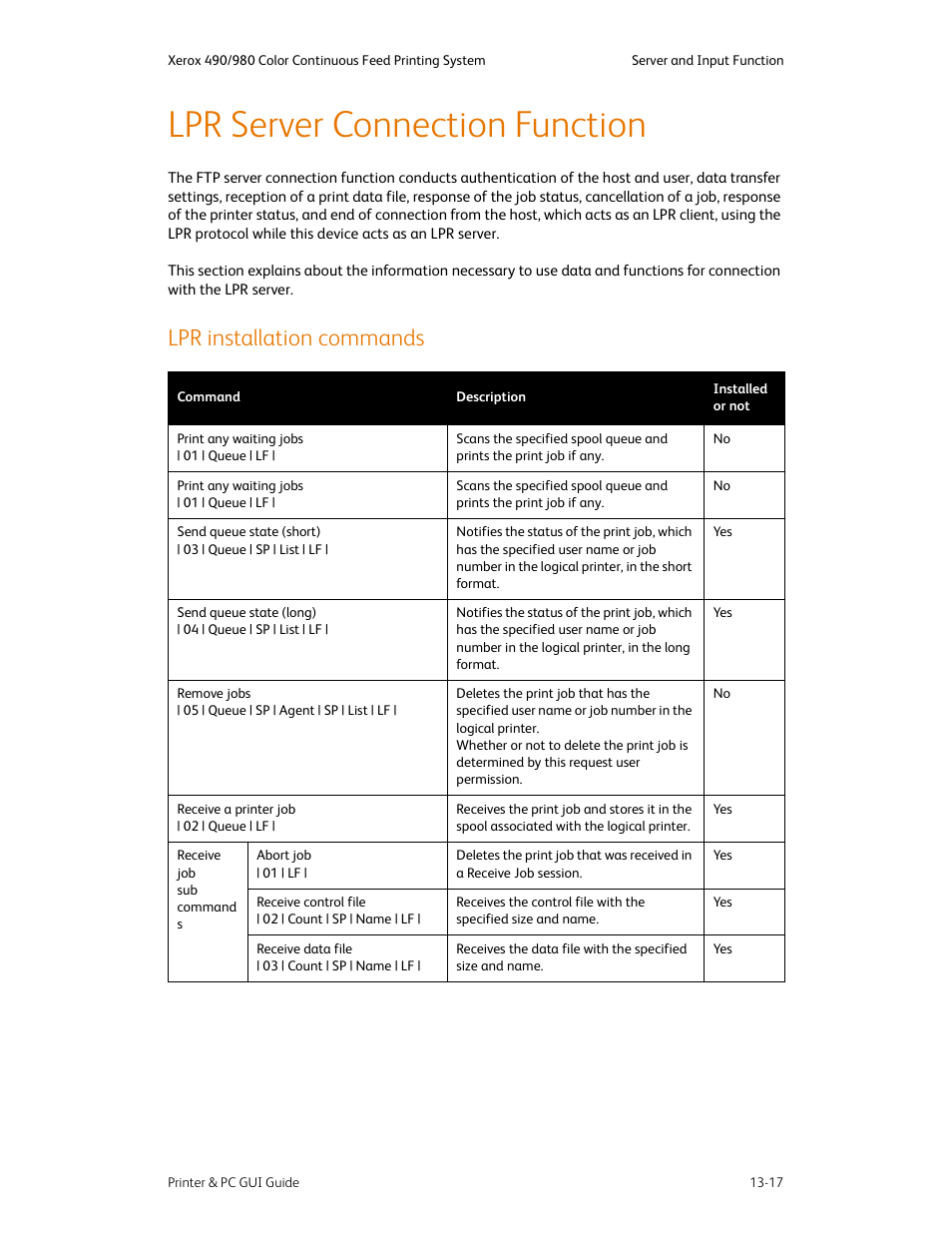 Lpr server connection function, Lpr installation commands, Lpr server connection function -17 | Lpr installation commands -17 | Xerox 490 User Manual | Page 251 / 262