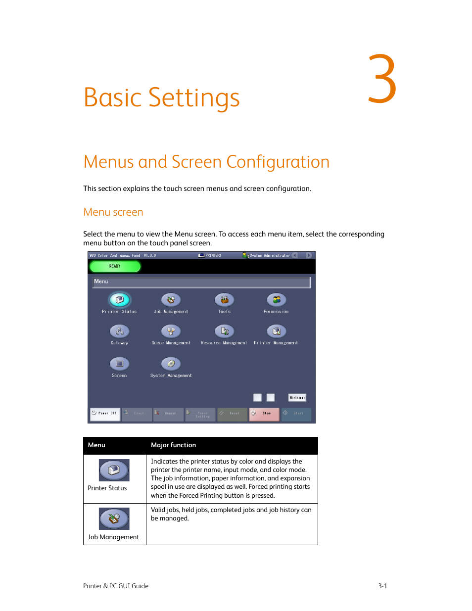 Basic settings, Menus and screen configuration, Menu screen | Basic settings -1, Menus and screen configuration -1, Menu screen -1 | Xerox 490 User Manual | Page 31 / 262