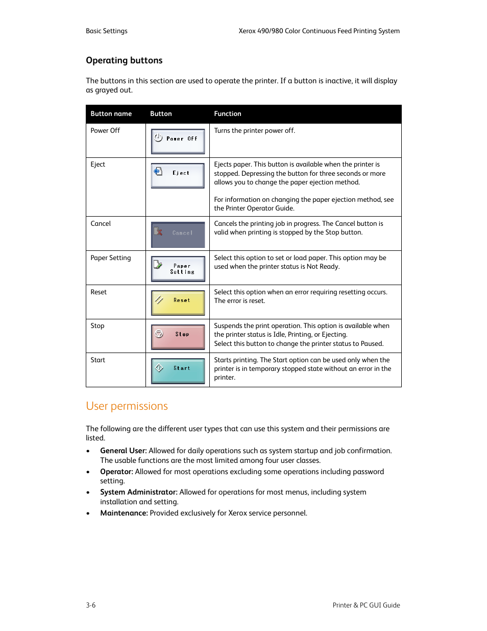 User permissions, Operating buttons -6, User permissions -6 | Xerox 490 User Manual | Page 36 / 262