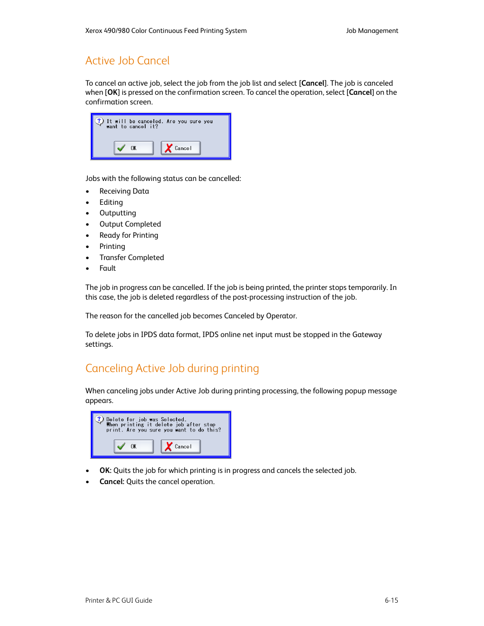 Active job cancel, Canceling active job during printing | Xerox 490 User Manual | Page 63 / 262