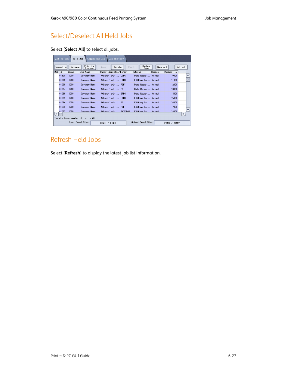 Select/deselect all held jobs, Refresh held jobs | Xerox 490 User Manual | Page 75 / 262