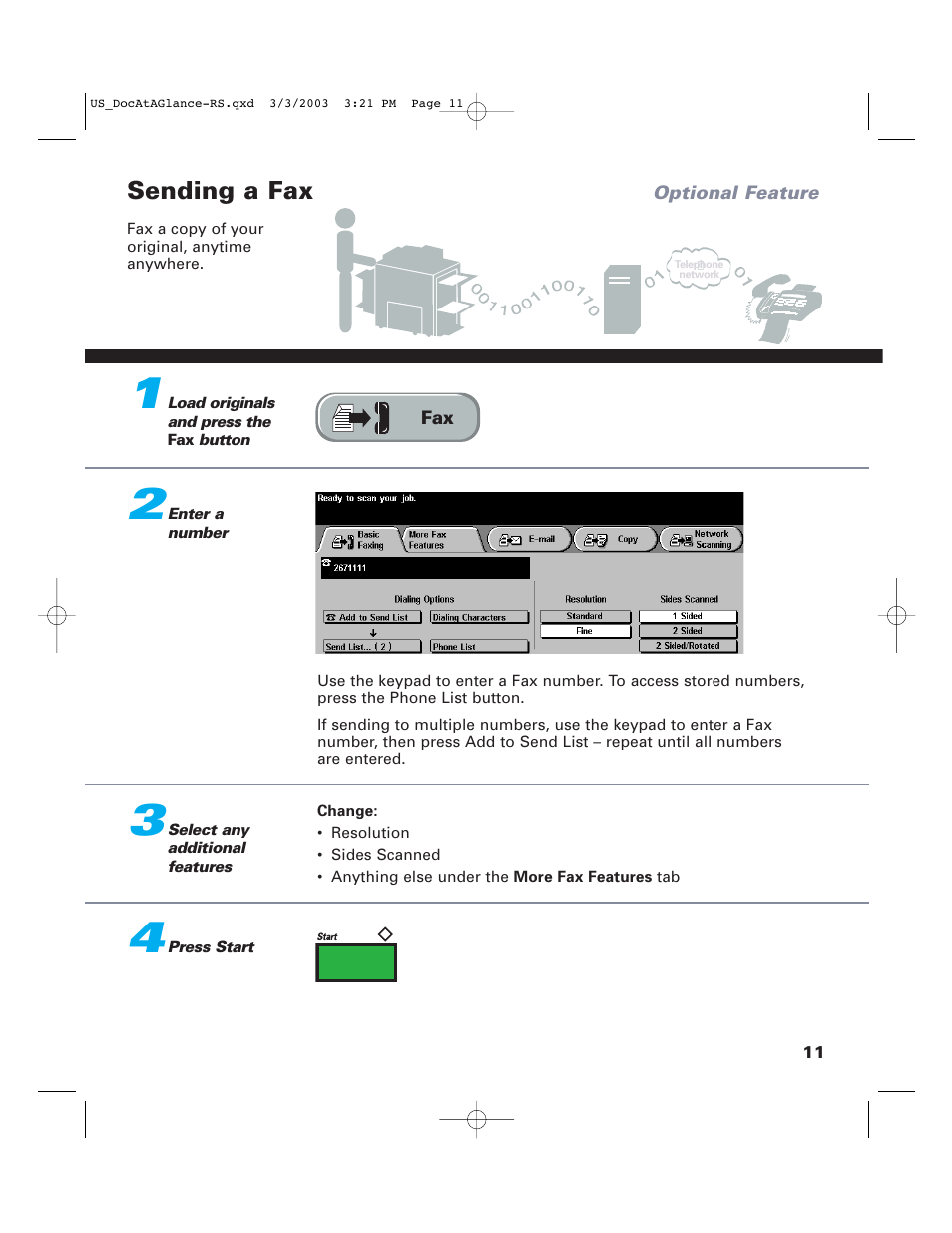 Sending a fax | Xerox 65 User Manual | Page 13 / 16